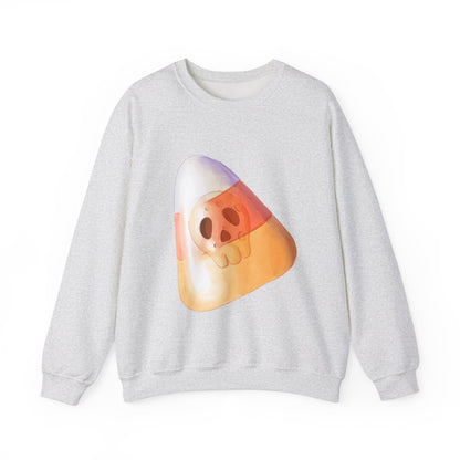 Halloween Candy Corn With Skull Face Sweatshirt, Trick or Treat Shirt, Spooky Ghost Season, Fun Halloween Fall Festival Party Sweater Sweatshirt Printify S Ash 