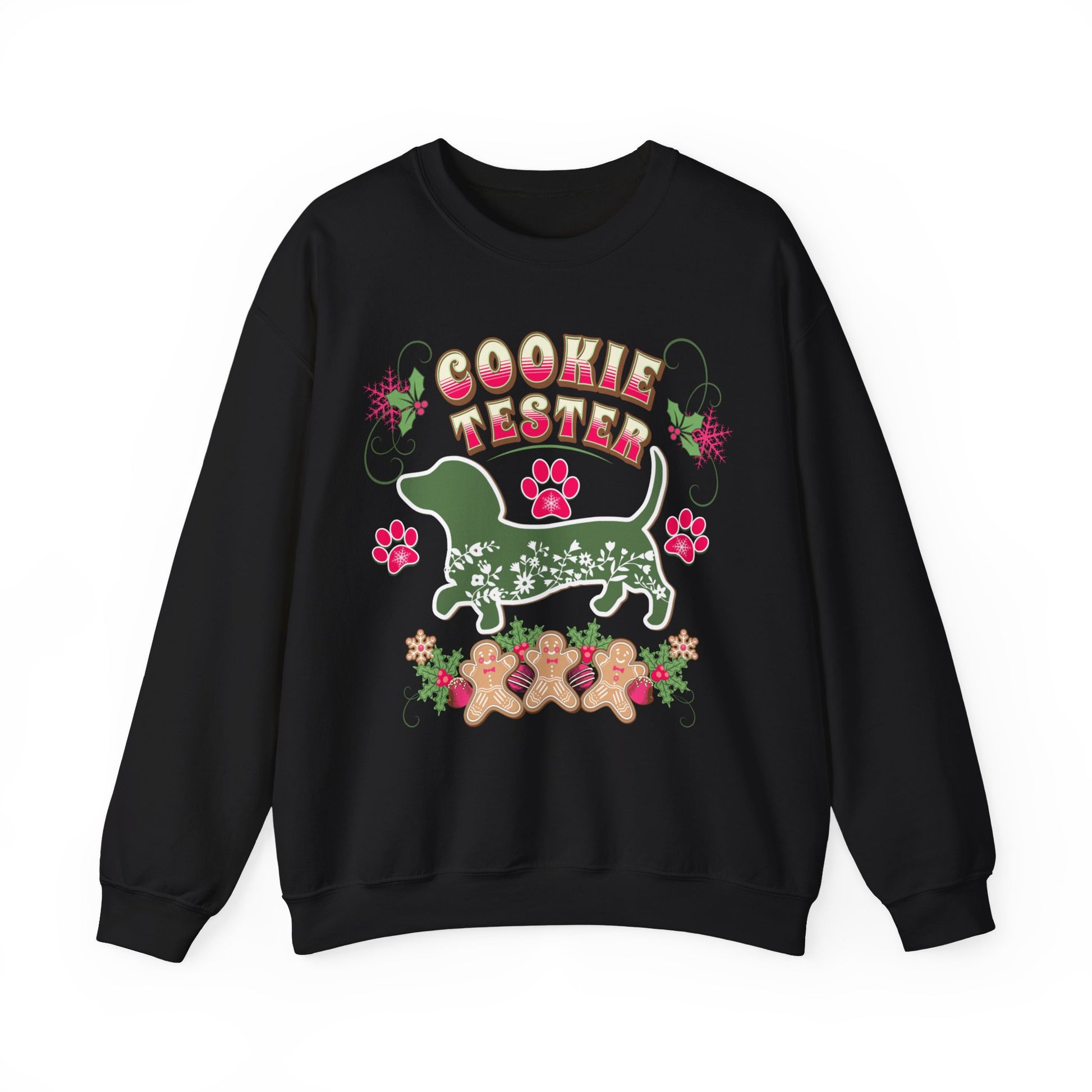 Christmas Dachshund Lover Baking Sweatshirt, Doxie Cookie Tester XMas T-Shirt, Dog Lover Shirt, Matching Family Christmas Cookie Baking Gift Sweatshirt Printify S Black 