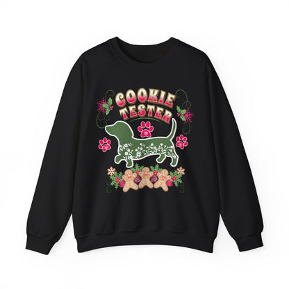 Christmas Dachshund Lover Baking Sweatshirt, Doxie Cookie Tester XMas T-Shirt, Dog Lover Shirt, Matching Family Christmas Cookie Baking Gift Sweatshirt Printify S Black 