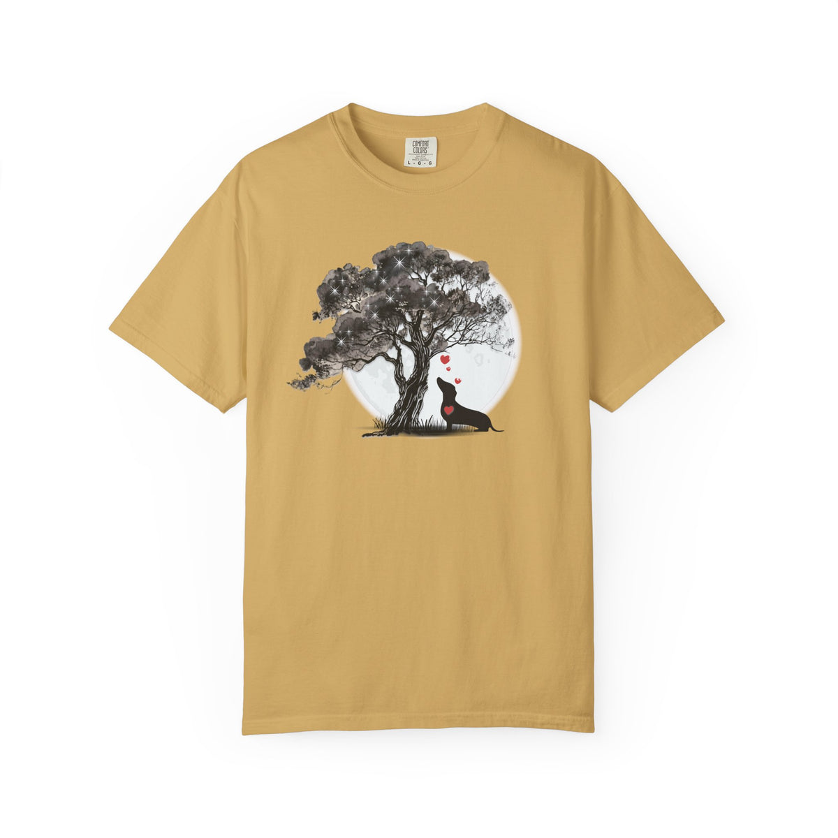 TREE MOON PET Black Dog Under Tree with Red Ball T-shirt | Dog Silhouette Nature Tee