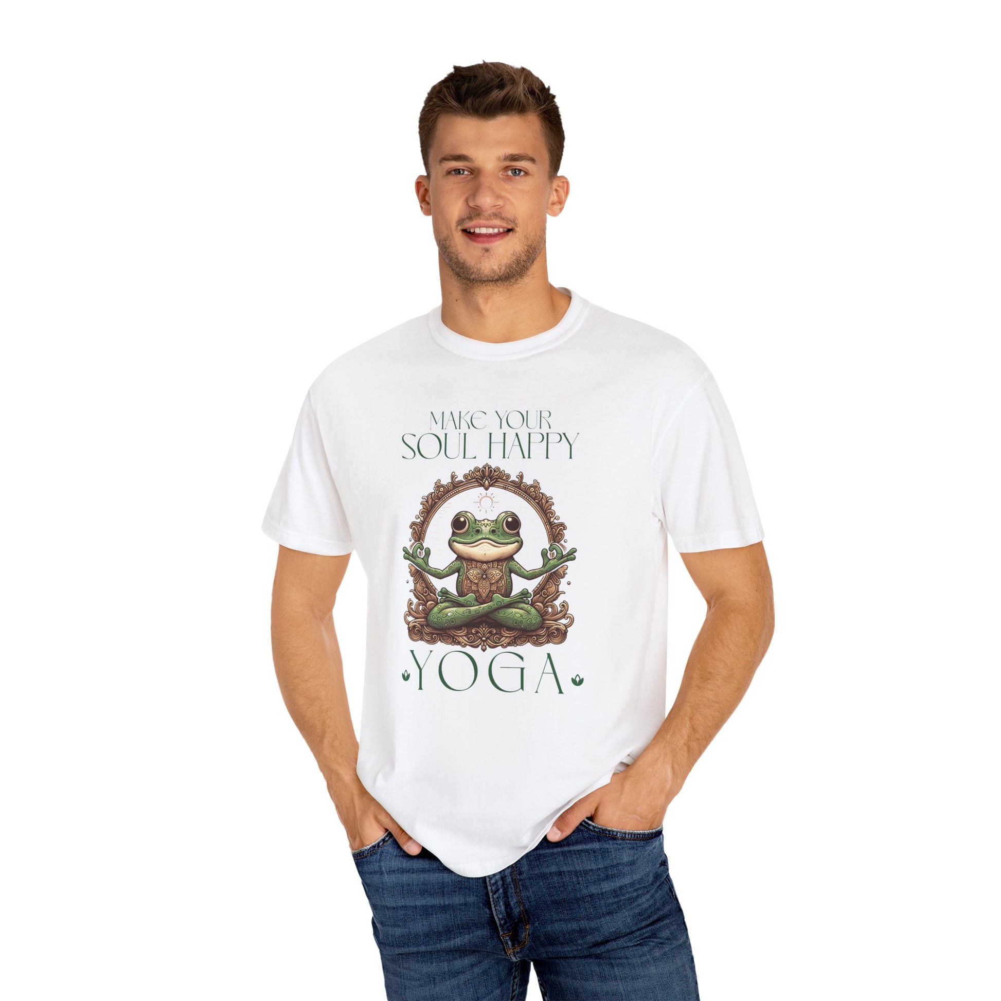 Green Yoga Frog Make Your Soul Happy Unisex T-Shirt, Casual Wear, Highlander Fan Gift, T-Shirt Printify