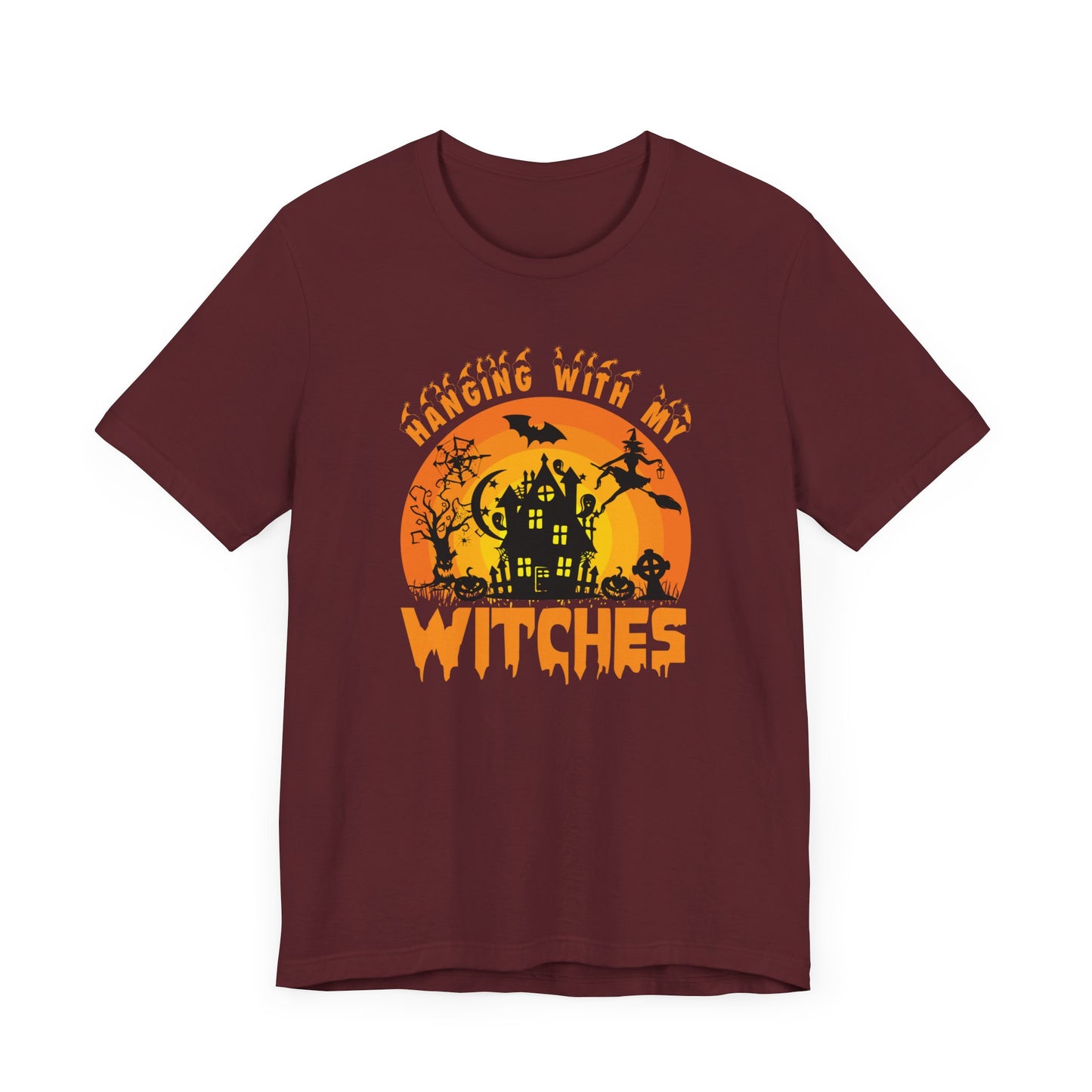 Witches and Haunted House Shirt,  Spooky Halloween Season Graphic Tee, Sunset Halloween Design, Creepy Fall or Autumn Style T Shirt, T-Shirt Printify   