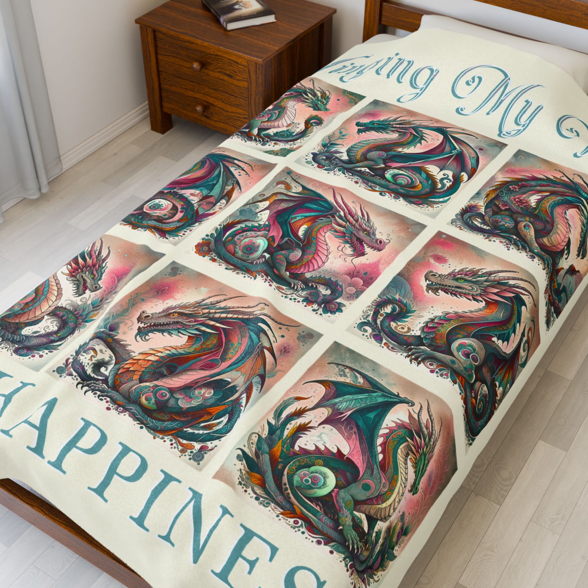 Winging My Way To Happiness Dragon Velveteen Blanket - Perfect for Book Lovers, Gifts for Sisters, Home Decor, Reading Nook, Cozy Nights All Over Prints Printify