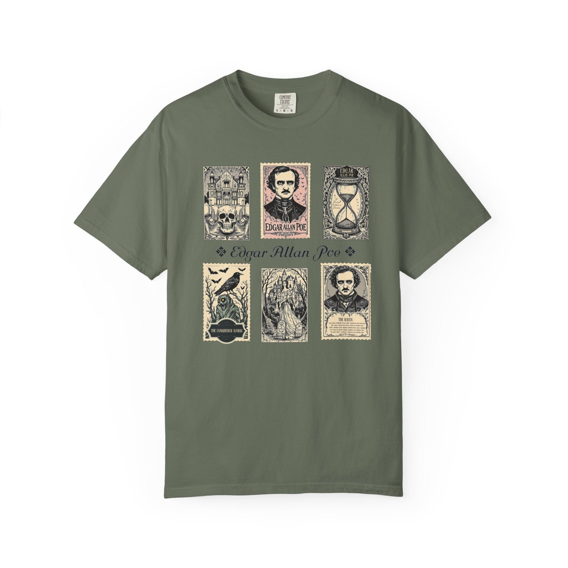 Edgar Allan Poe T-Shirt Gothic Graphic Tee The Raven Nevermore Quote Horror Literature Shirt Dark Academia Aesthetic Halloween Party Gift T-Shirt Printify Moss S