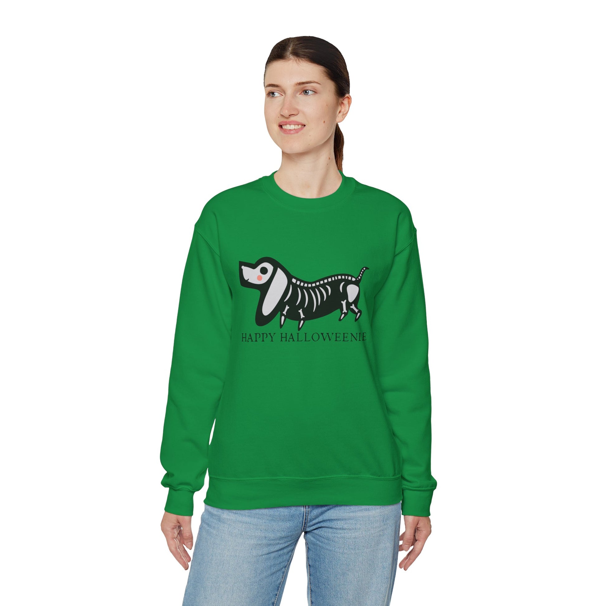 Funny Halloween Dachshund Lover Sweatshirt, Skeleton Dachshund Walking Graphic, Trick or Treat Shirt, Spooky Season, Happy Halloweenie Top Sweatshirt Printify   