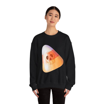 Halloween Candy Corn With Skull Face Sweatshirt, Trick or Treat Shirt, Spooky Ghost Season, Fun Halloween Fall Festival Party Sweater Sweatshirt Printify   