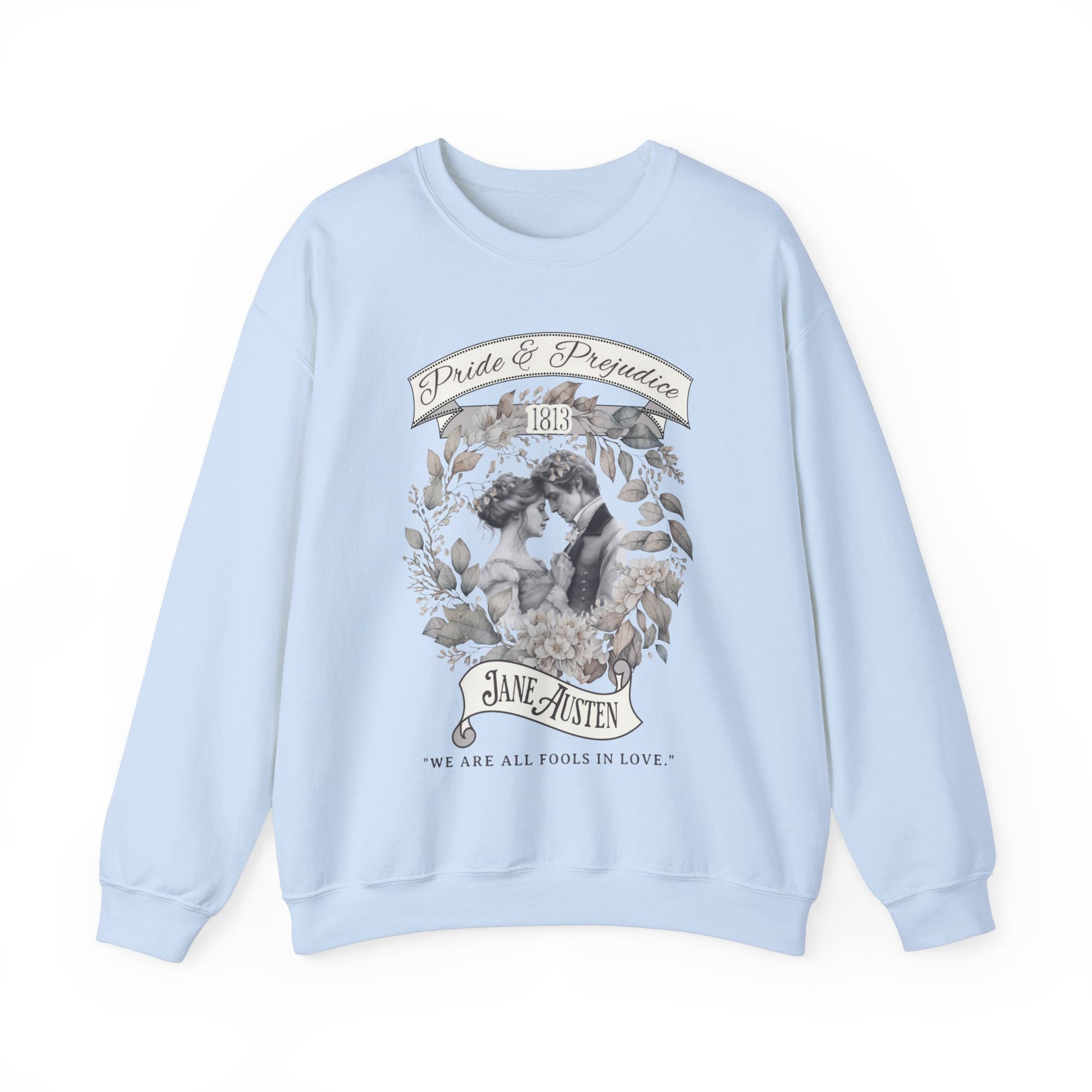 Jane Austen Sweatshirt, Pride & Prejudice Historical Romance Sweater, Bookish Literary Jane Austen Fan Art Gift, Gift for Her, Readers, Sweatshirt Printify S Light Blue 