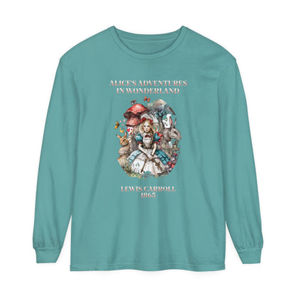 Alice in Wonderland Vintage Long Sleeve Shirt, Lewis Carroll Dark Academia TShirt, Mad Hatter Tea Party Queen of Hearts Bookish Booktok Gift Long-sleeve Printify Seafoam S 