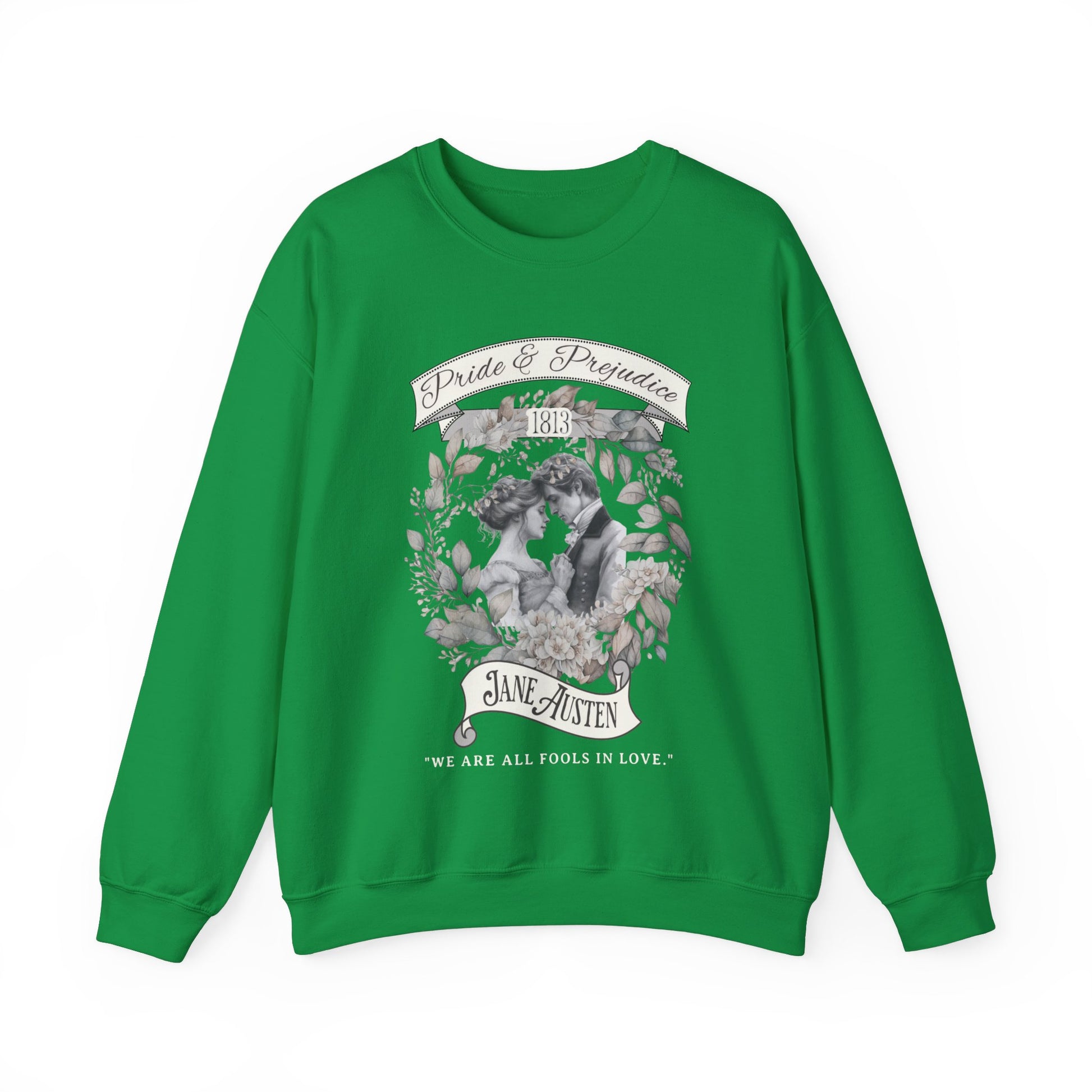 Jane Austen Sweatshirt, Pride & Prejudice Historical Romance Sweater, Bookish Literary Jane Austen Fan Art Gift, Gift for Her, Readers, Sweatshirt Printify S Irish Green 