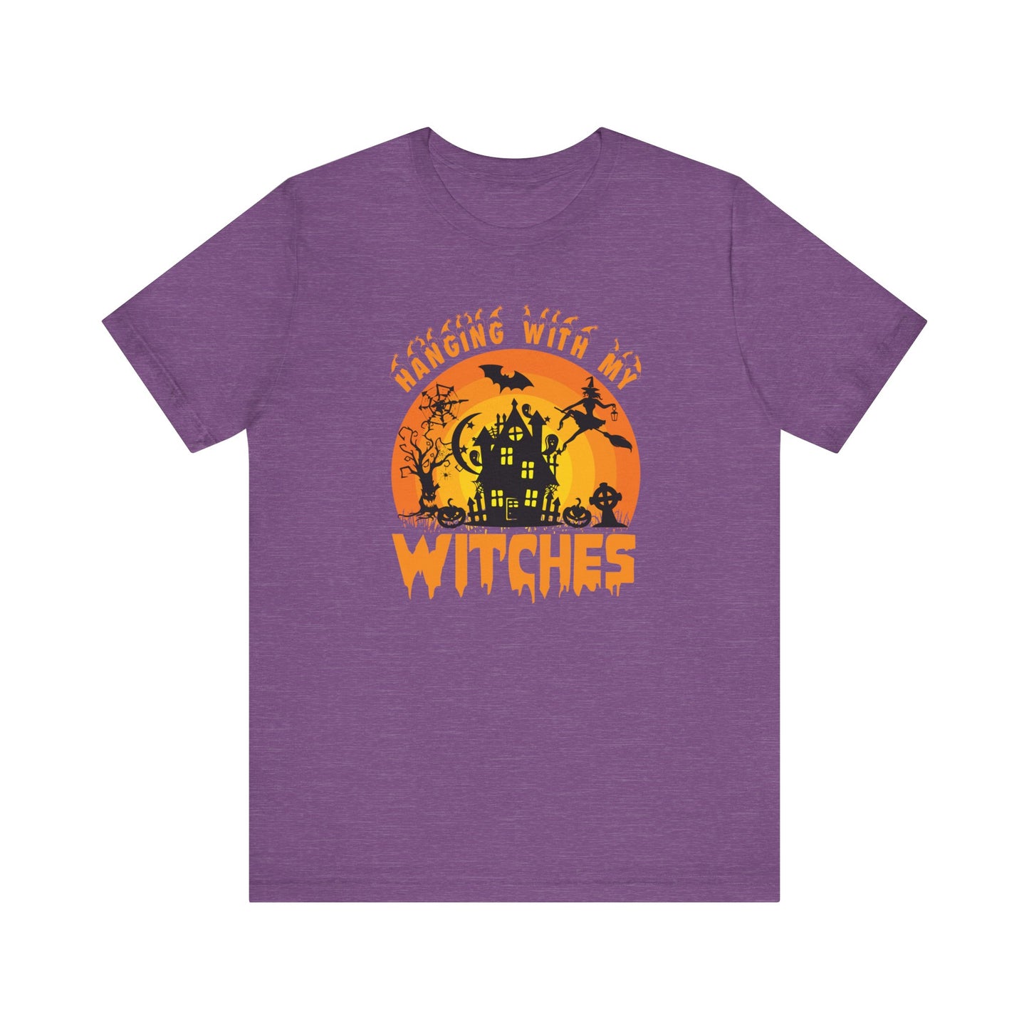 Witches and Haunted House Shirt,  Spooky Halloween Season Graphic Tee, Sunset Halloween Design, Creepy Fall or Autumn Style T Shirt, T-Shirt Printify Heather Team Purple XS 