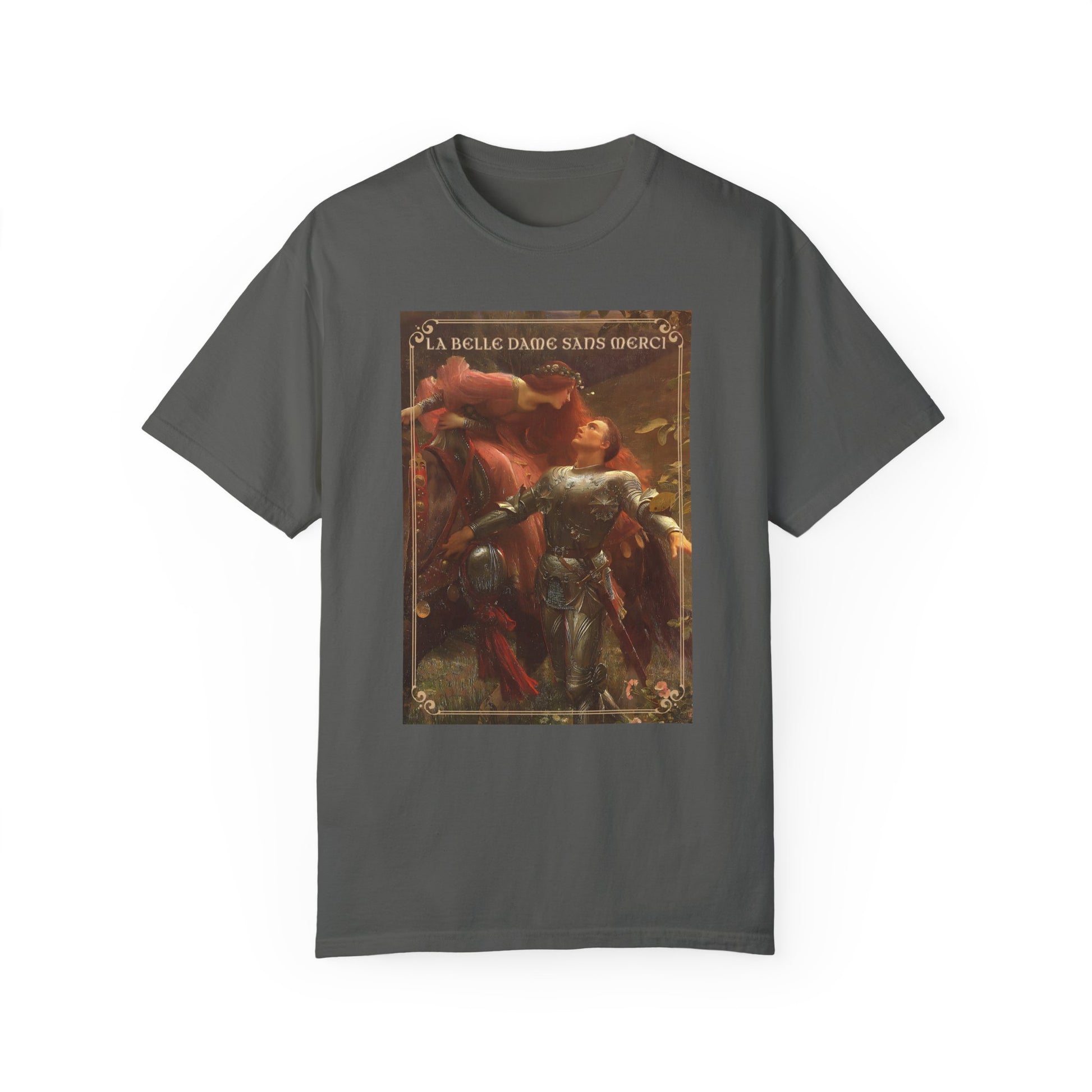 La Belle Dame Sans Merci Print T-Shirt Renaissance Renfaire Theme Merch Perfect Comfortable Medieval Festival Shirt Art History Lover Gift T-Shirt Printify Pepper S
