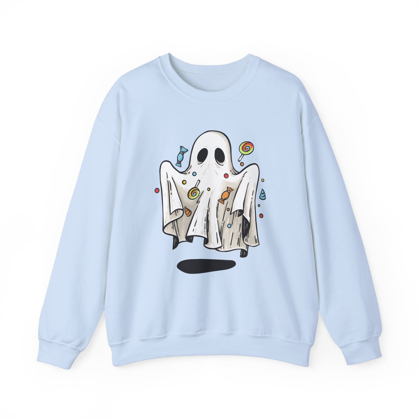 Cute Halloween Ghost Floating, Covered in Candy Sweatshirt, Trick or Treat Shirt, Spooky Ghost Season, Fun Halloween Party, Festival Sweater Sweatshirt Printify S Light Blue 