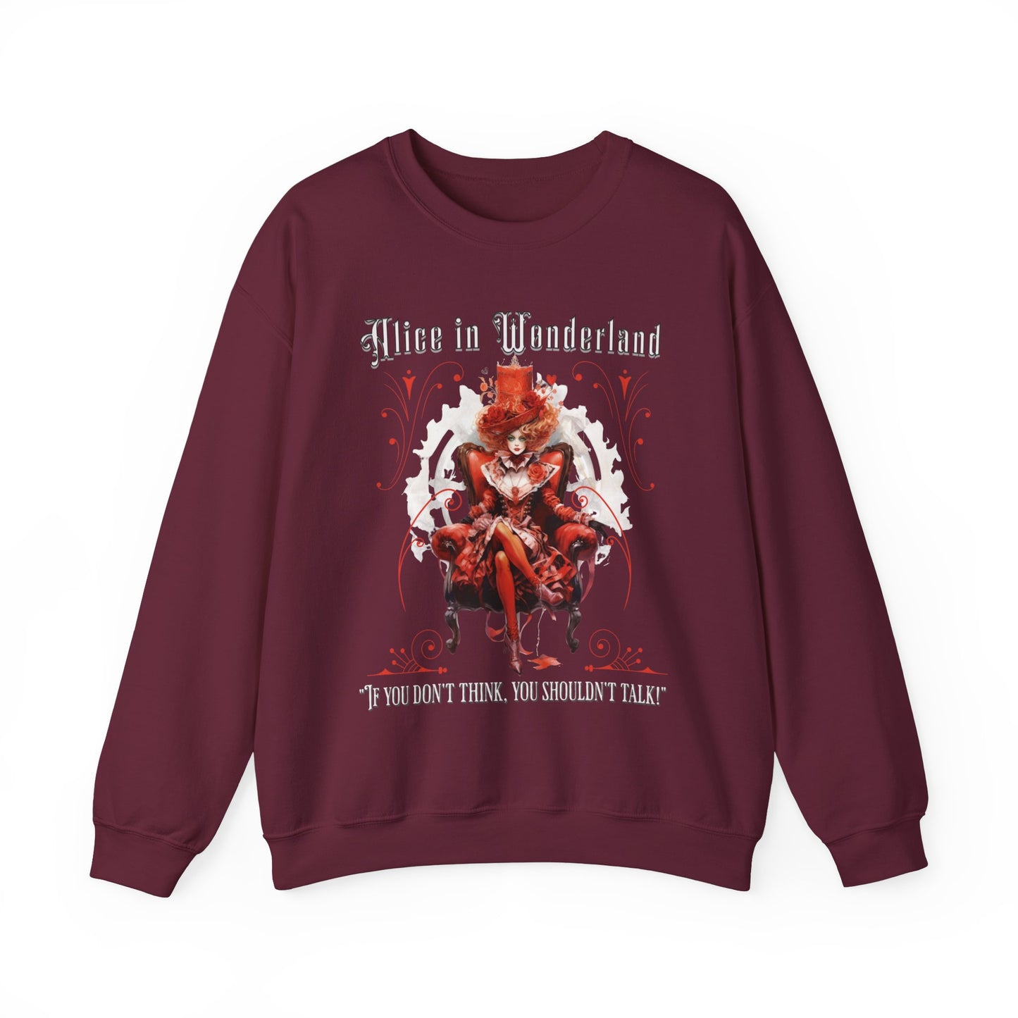 Queen of Hearts Sweatshirt, Alice In Wonderland Lewis Carroll Whimsigoth Academia Sweater Mad Hatter Tea Party Tee Bookish Booktok Gift Sweatshirt Printify S Maroon 