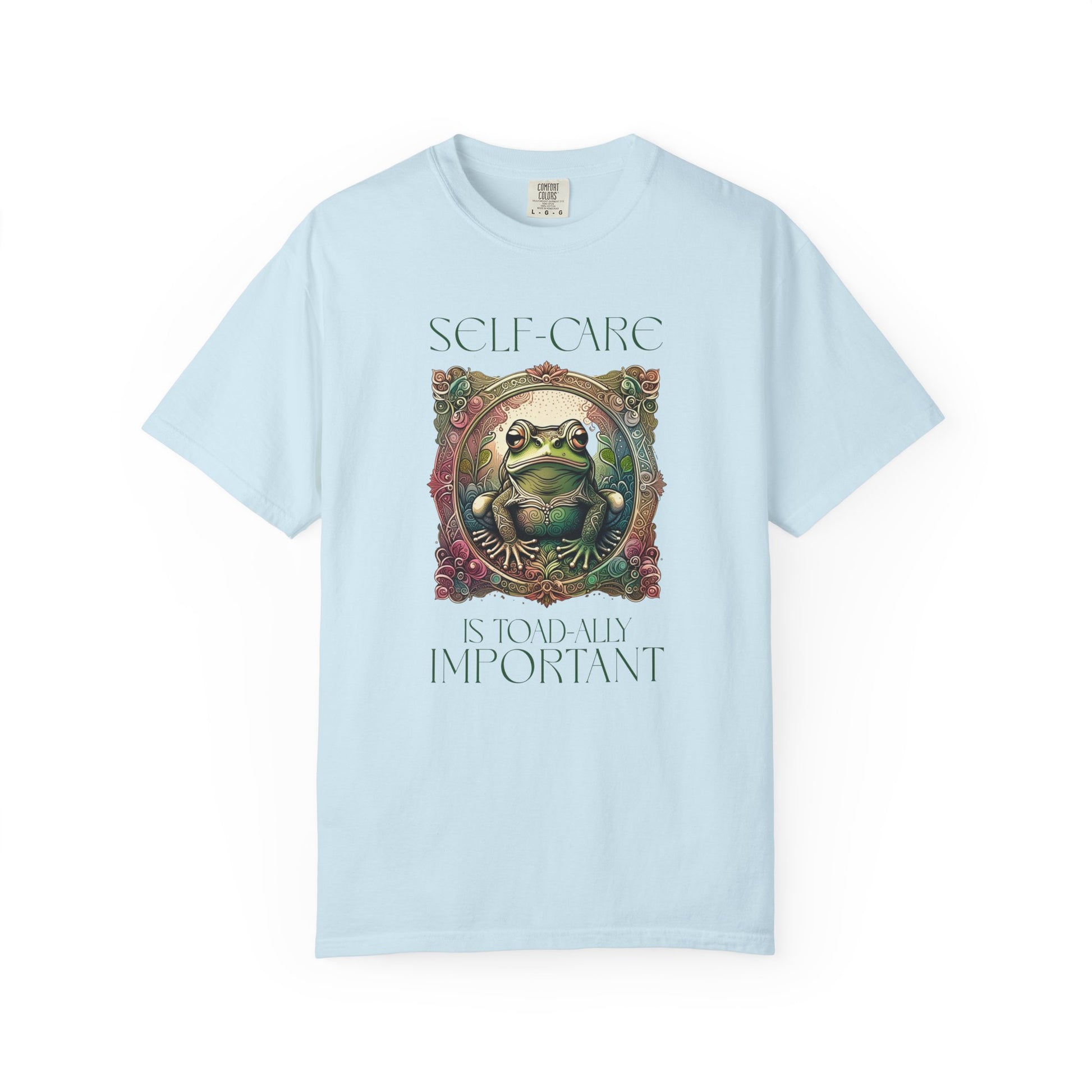 Green Yoga Frog Self-Care Is Toad-ally Important Unisex T-Shirt, Casual Wear, Highlander Fan Gift, T-Shirt Printify Chambray S