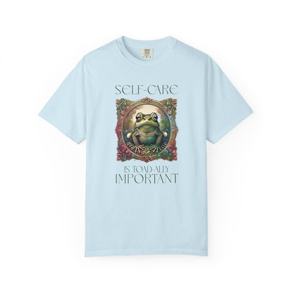 Green Yoga Frog Self-Care Is Toad-ally Important Unisex T-Shirt, Casual Wear, Highlander Fan Gift, T-Shirt Printify Chambray S