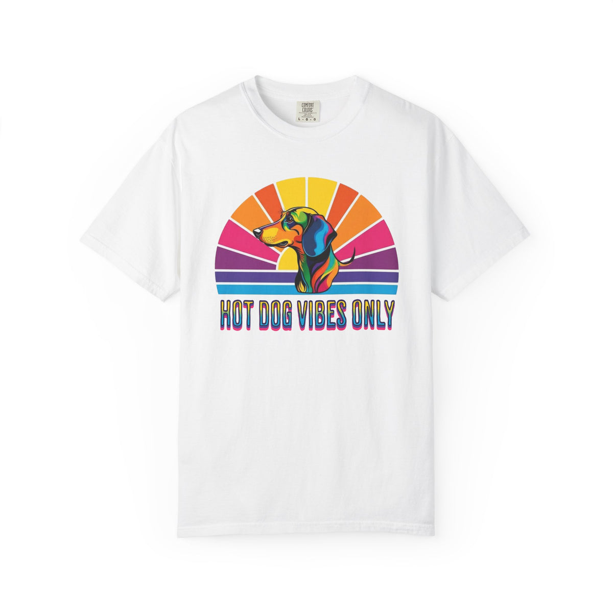 Hot Dog Vibes Only Dachshund T-shirt | Retro Rainbow Sunrise
