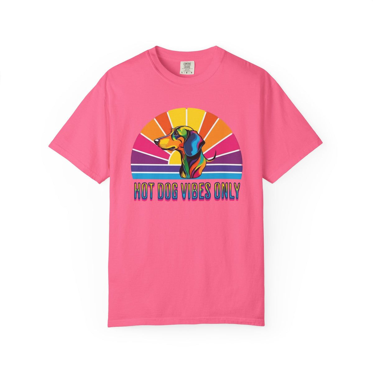 Hot Dog Vibes Only Dachshund T-shirt | Retro Rainbow Sunrise