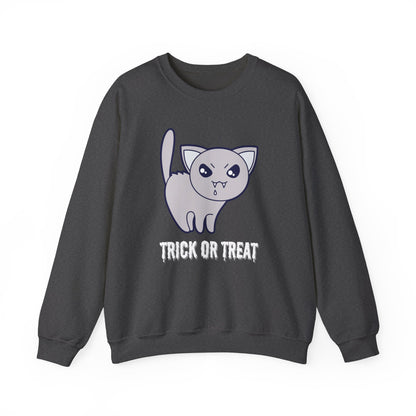 Cute Halloween Vampire Cat Sweatshirt, Trick or Treat Shirt, Spooky Ghost Season, Fun Halloween Fall, Festival Sweatshirt Sweatshirt Printify S Dark Heather 