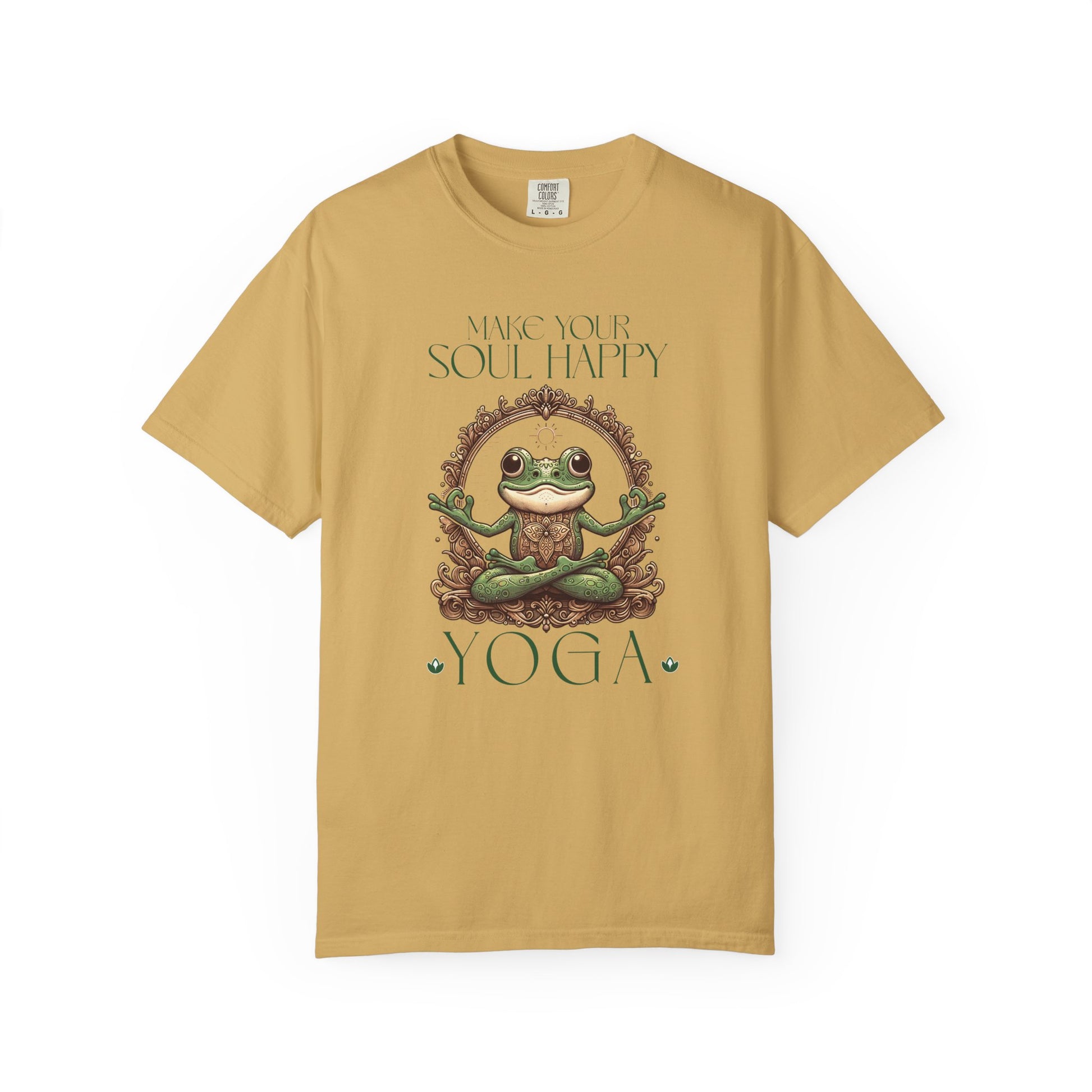 Green Yoga Frog Make Your Soul Happy Unisex T-Shirt, Casual Wear, Highlander Fan Gift, T-Shirt Printify Mustard S