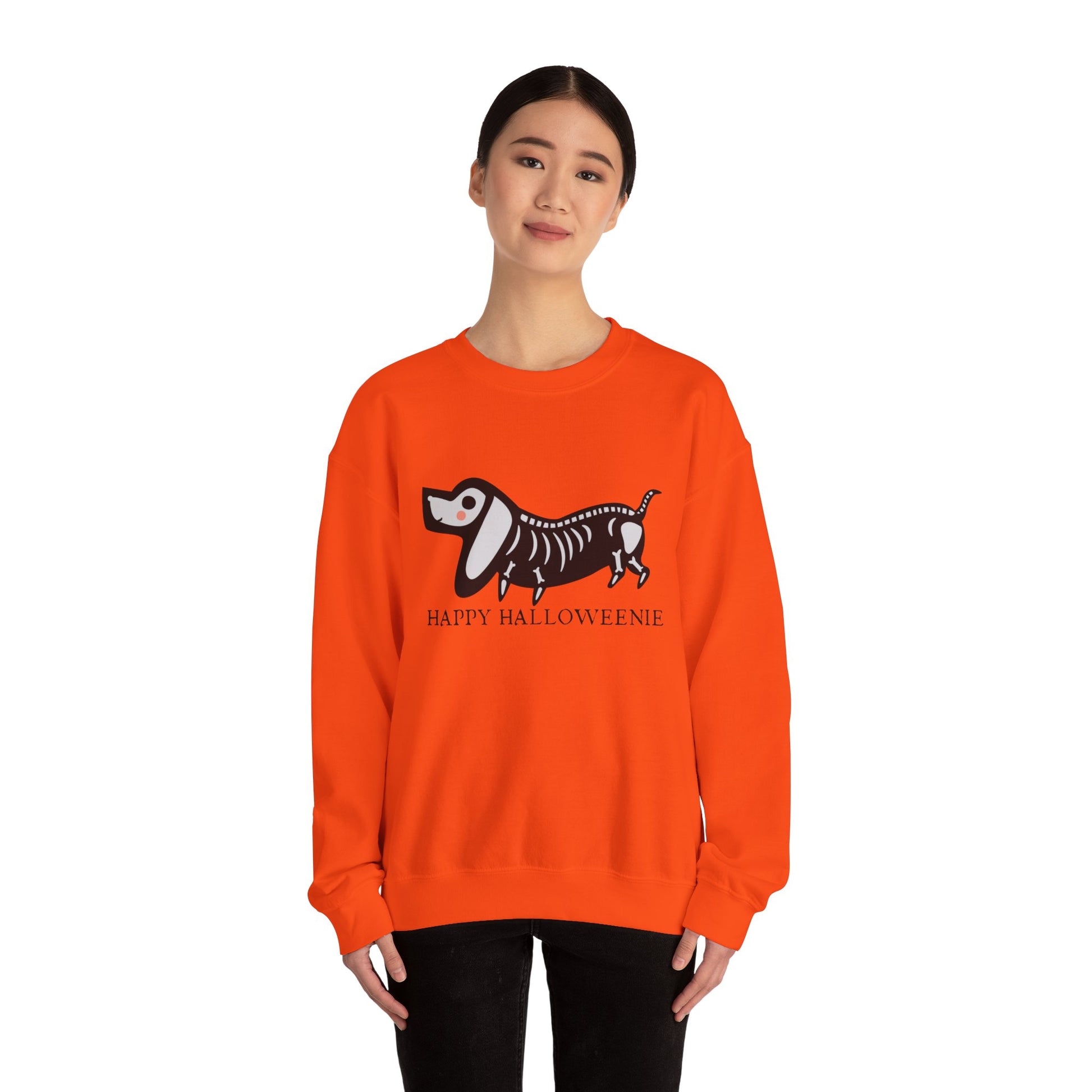 Funny Halloween Dachshund Lover Sweatshirt, Skeleton Dachshund Walking Graphic, Trick or Treat Shirt, Spooky Season, Happy Halloweenie Top Sweatshirt Printify   