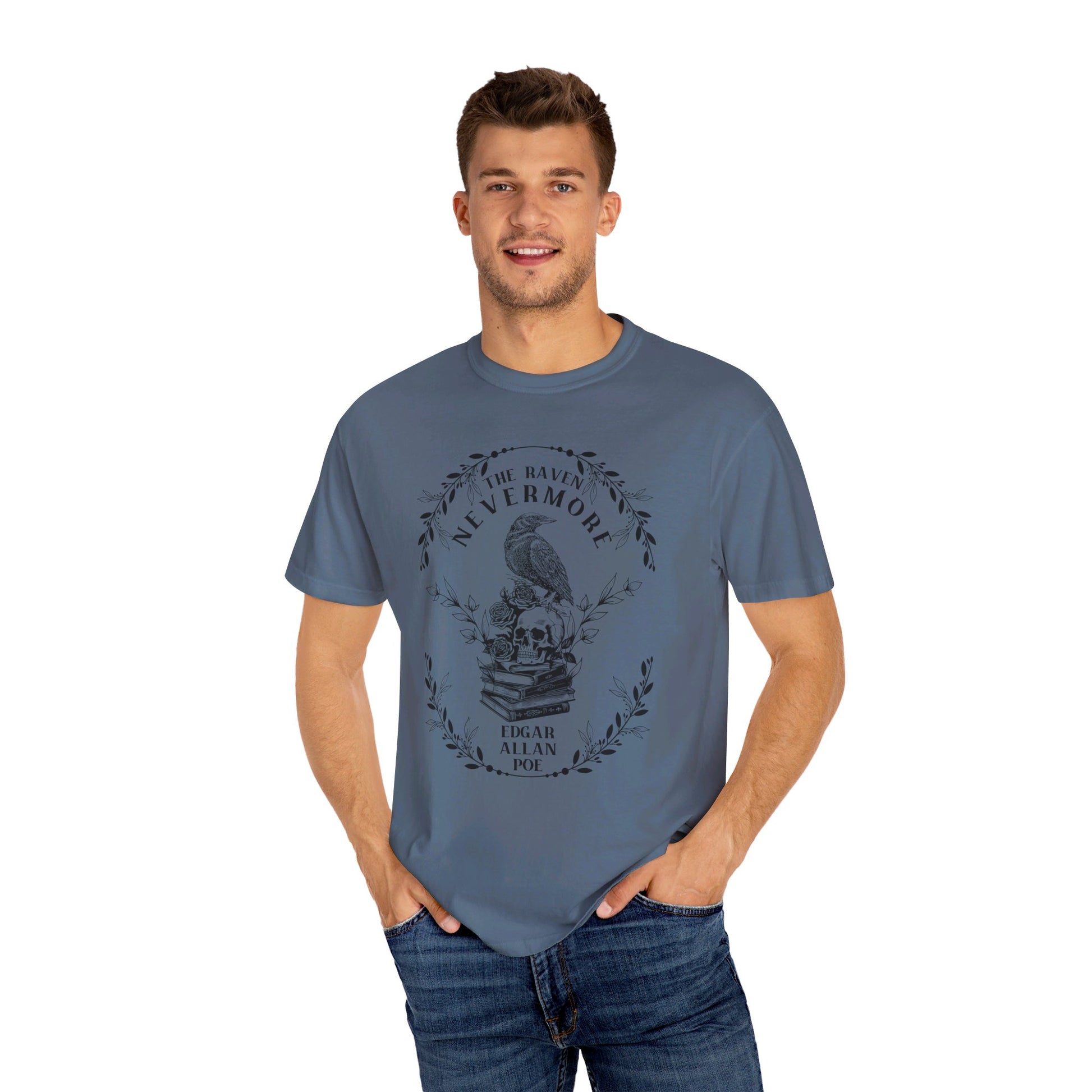 Edgar Allan Poe, Nevermore The Raven Comfort Colors TShirt, Book Lover, Halloween, Haunting Gothic Gift, Light, Dark Academia, Horror Movie T-Shirt Printify   