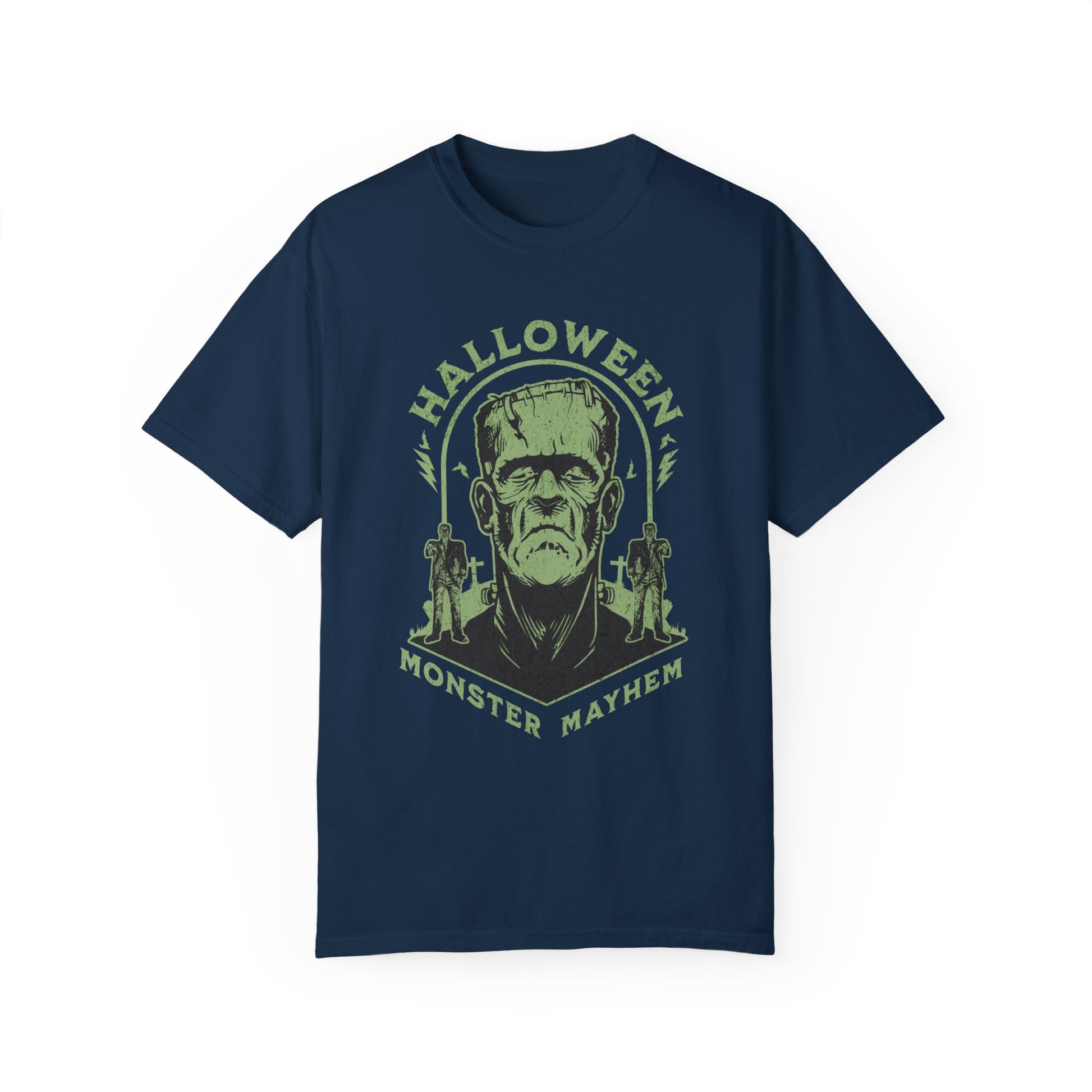 Vintage Halloween Frankenstein Monster Graphic Tee, Creepy Spooky Book Lover Gift, Horror Movie, Fall Festival Party Comfort Colors T Shirt. T-Shirt Printify True Navy S 