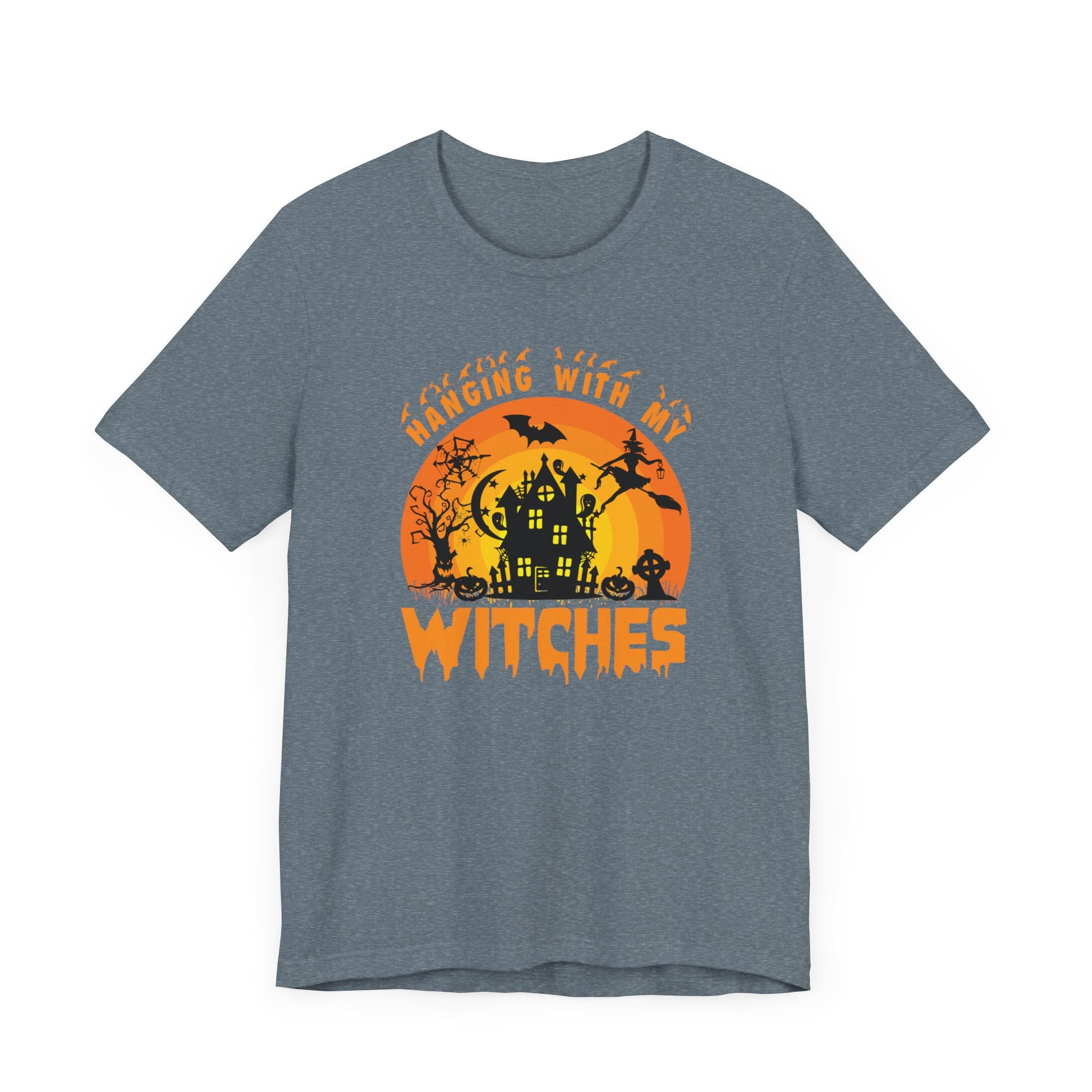 Witches and Haunted House Shirt,  Spooky Halloween Season Graphic Tee, Sunset Halloween Design, Creepy Fall or Autumn Style T Shirt, T-Shirt Printify   