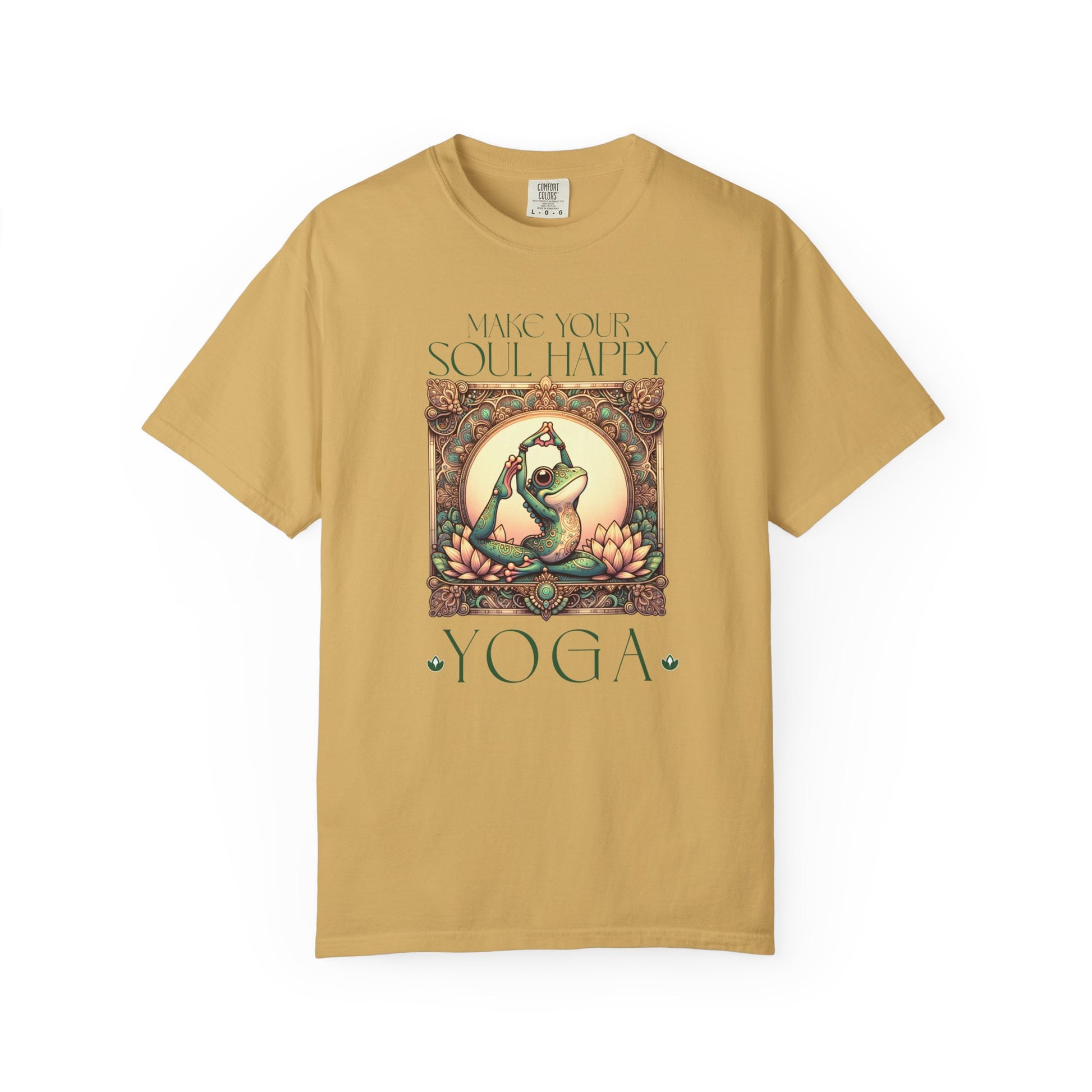 Green Yoga Frog Make Your Soul Happy Unisex T-Shirt, Casual Wear, Highlander Fan Gift, T-Shirt Printify Mustard S