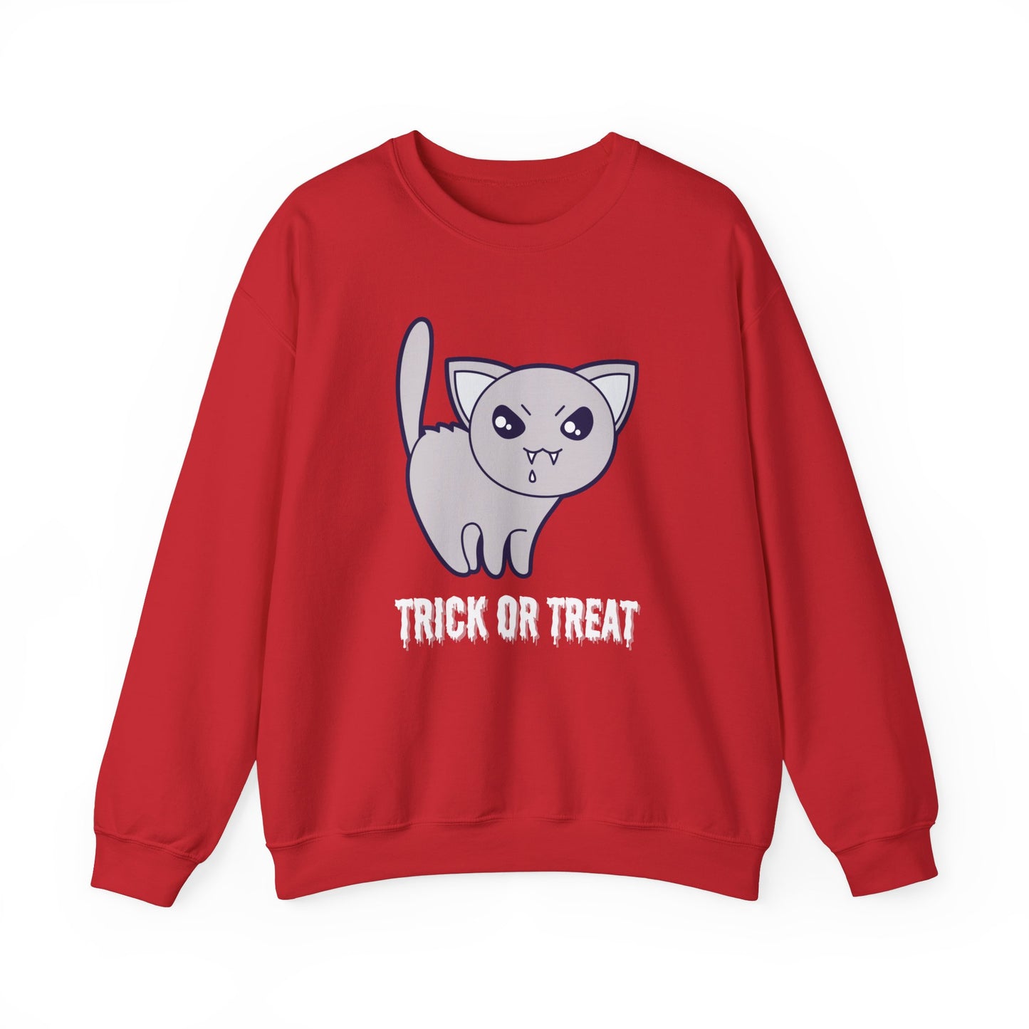 Cute Halloween Vampire Cat Sweatshirt, Trick or Treat Shirt, Spooky Ghost Season, Fun Halloween Fall, Festival Sweatshirt Sweatshirt Printify S Red 