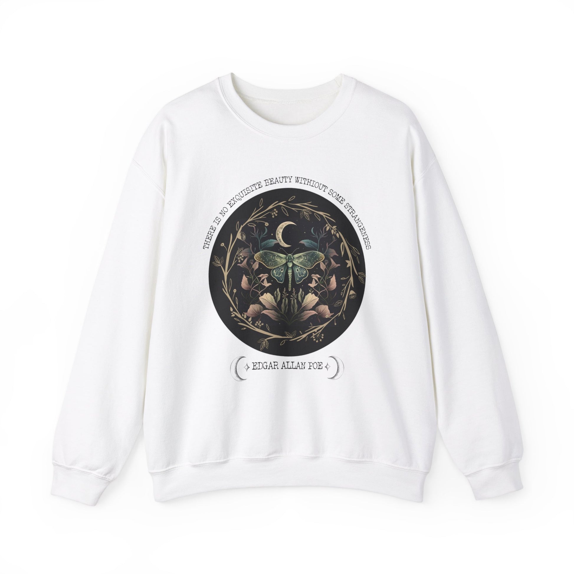 Edgar Allan Poe, Fairycore Night Garden Sweatshirt, Book Lover, Haunting Gothic Botanical Gift, Light, Dark Academia, Literature Sweater Sweatshirt Printify S White 