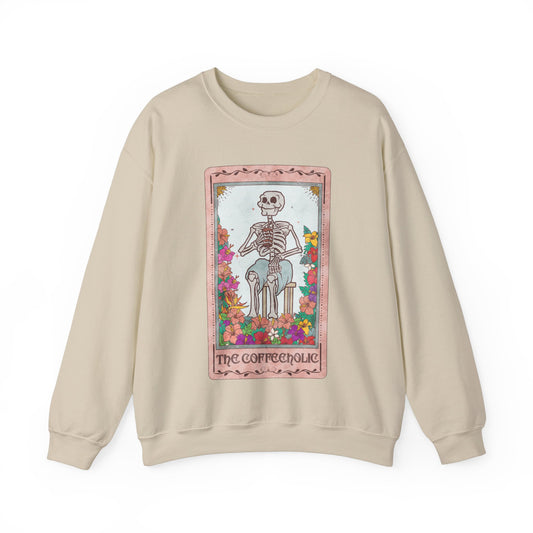 Coffee Lover Tarot Card Sweatshirt, Skeleton, Witchy Cottagecore Sweater, Tarot Card Lover Shirt, Fun Halloween Fall Festival Party Shirt Sweatshirt Printify S Sand 