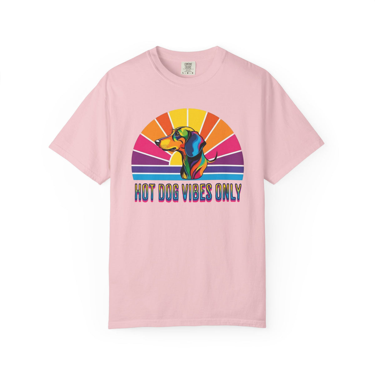 Hot Dog Vibes Only Dachshund T-shirt | Retro Rainbow Sunrise