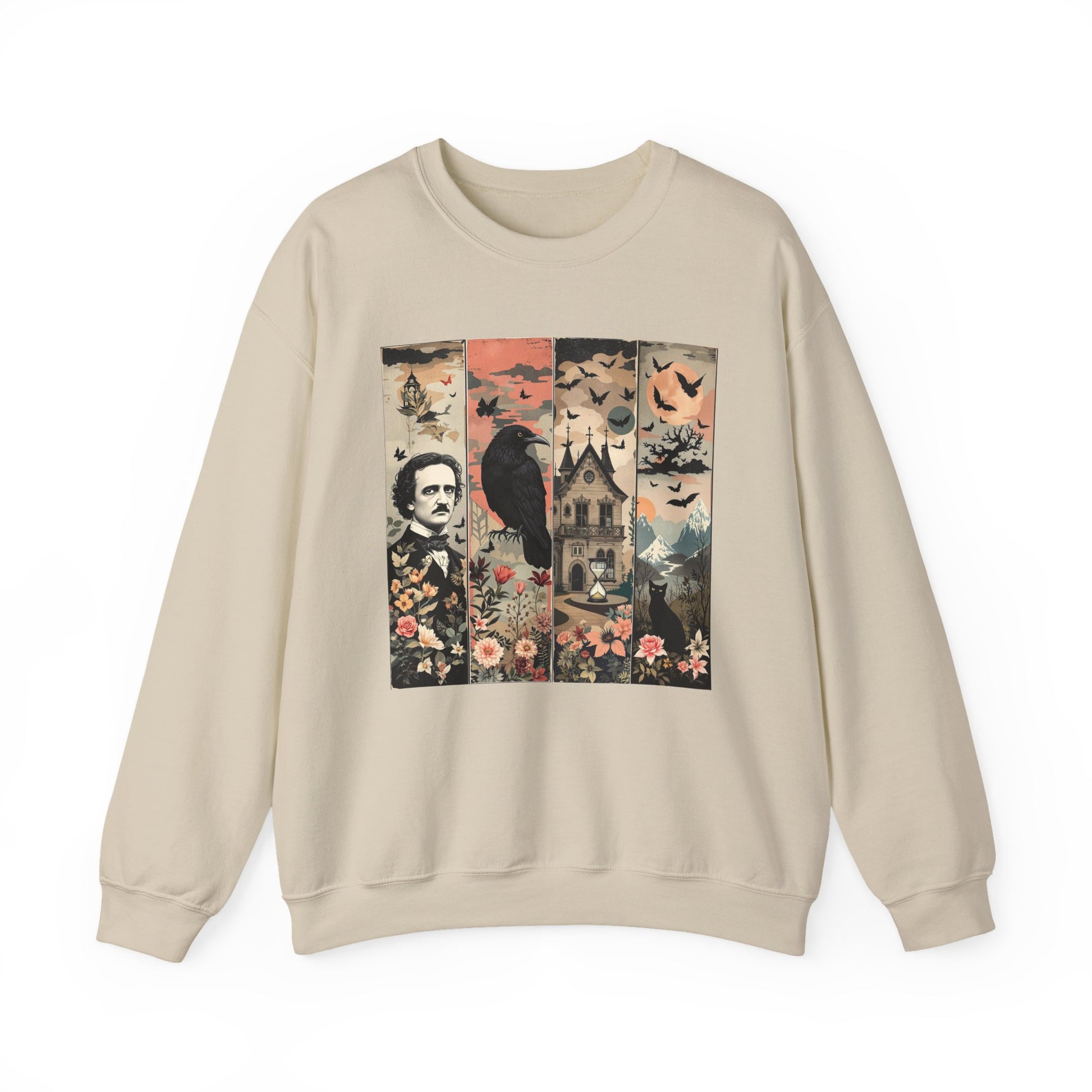 Edgar Allan Poe Sweatshirt The Raven Nevermore Gothic Horror Sweater Dark Academia Macabre Halloween Gift for Book Lovers Birthday Christmas Sweatshirt Printify Sand S