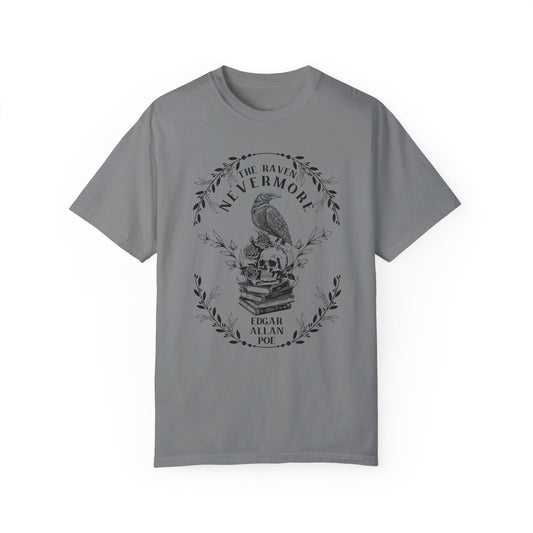 Edgar Allan Poe, Nevermore The Raven Comfort Colors TShirt, Book Lover, Halloween, Haunting Gothic Gift, Light, Dark Academia, Horror Movie T-Shirt Printify Grey S 