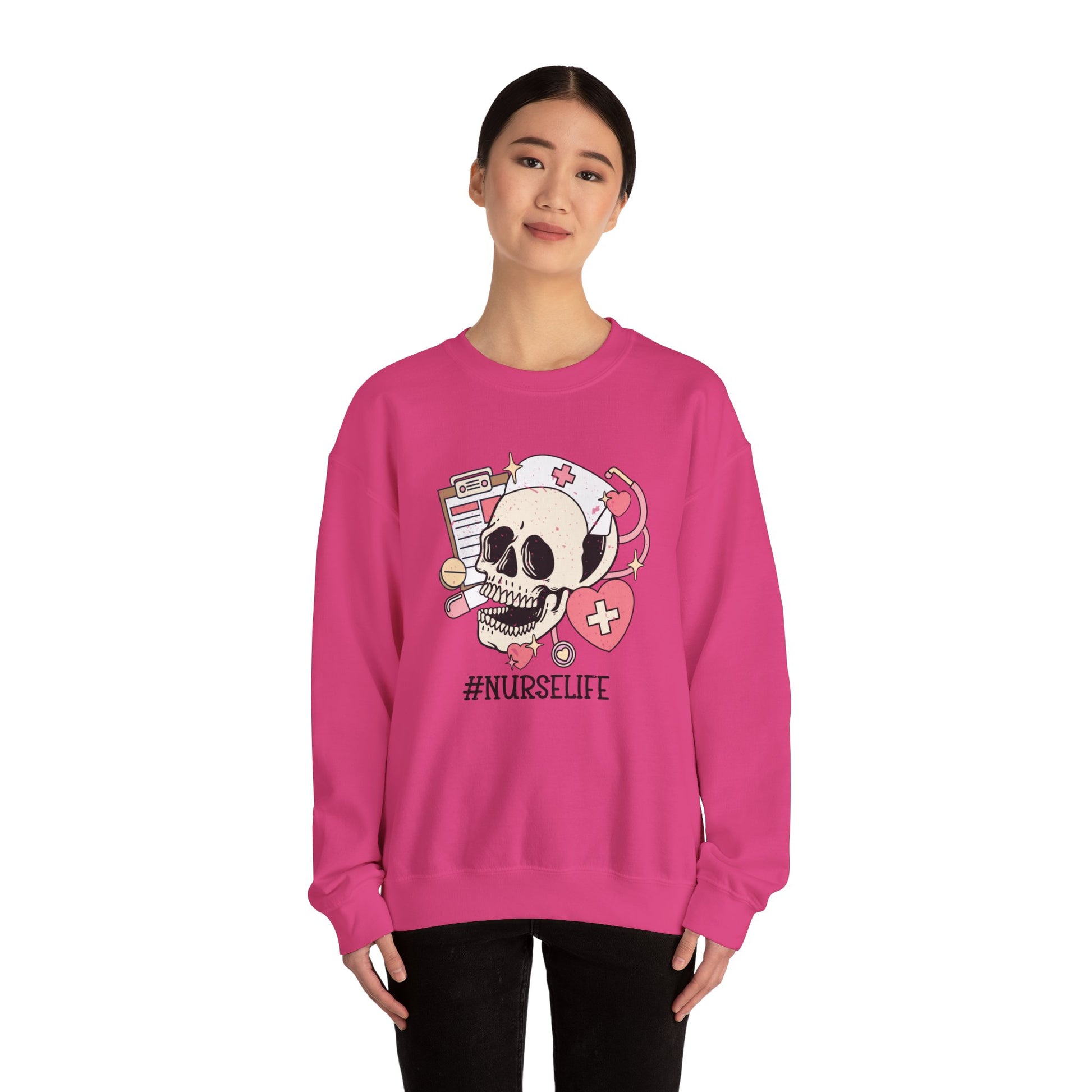 Halloween Nurse Sweatshirt,  Funny Spooky Skull Graphic Shirt, Spooky Season Sweater, Fall Season, Autumn Style Sweatshirt Sweatshirt Printify   