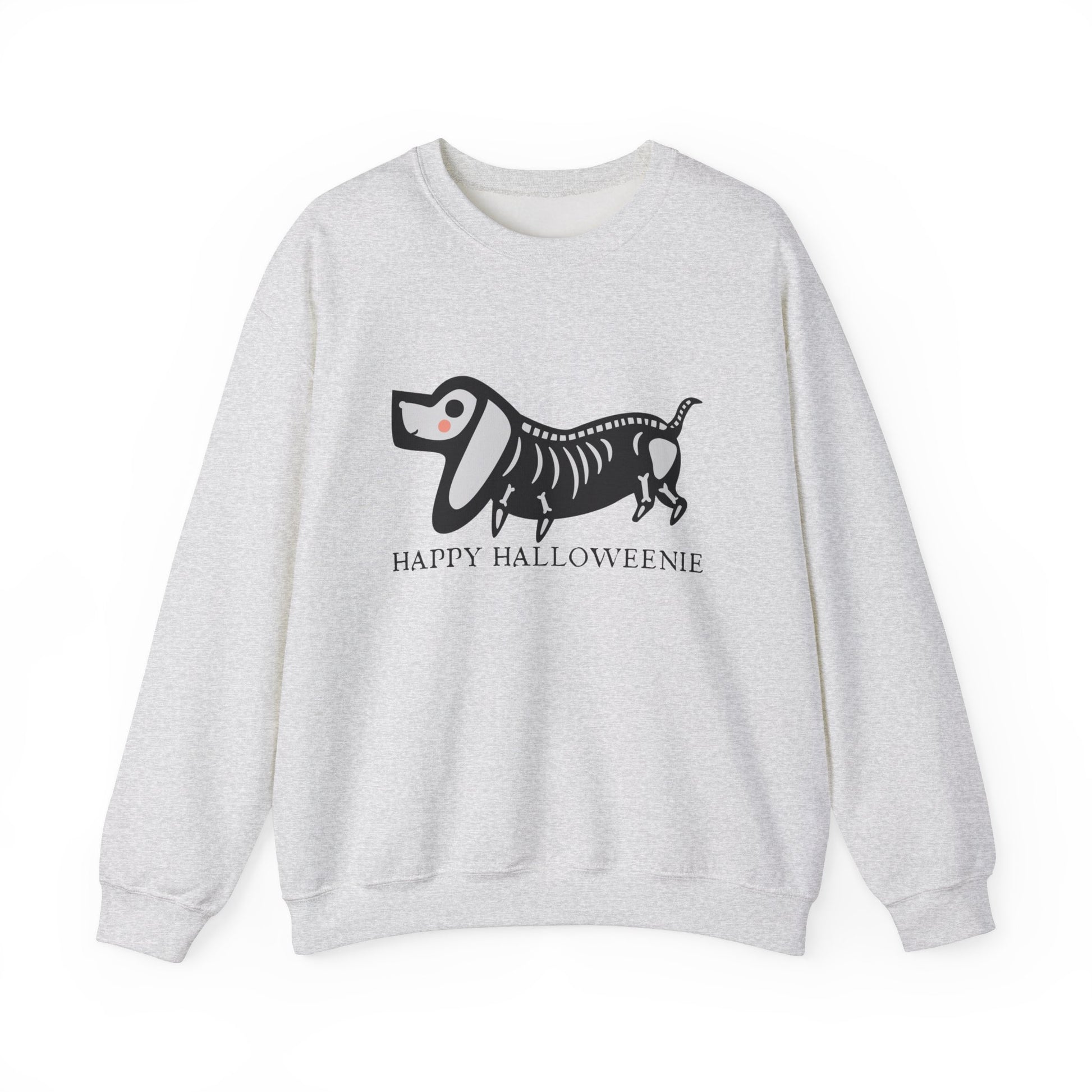 Funny Halloween Dachshund Lover Sweatshirt, Skeleton Dachshund Walking Graphic, Trick or Treat Shirt, Spooky Season, Happy Halloweenie Top Sweatshirt Printify S Ash 