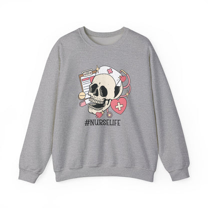 Halloween Nurse Sweatshirt,  Funny Spooky Skull Graphic Shirt, Spooky Season Sweater, Fall Season, Autumn Style Sweatshirt Sweatshirt Printify S Sport Grey 