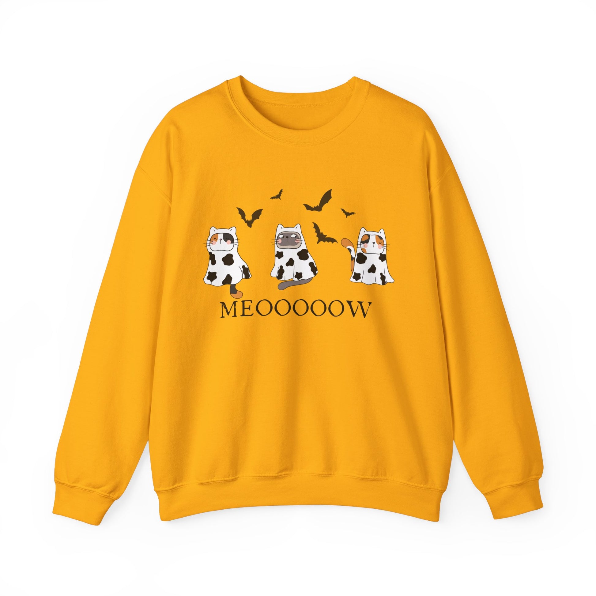 Cute Halloween Cow Ghost Cats Sweatshirt, Cats in Cow Ghost Costumes, Spooky Season Sweater, Halloween Party Shirt, Cat Lover Gift Sweatshirt Printify S Gold 