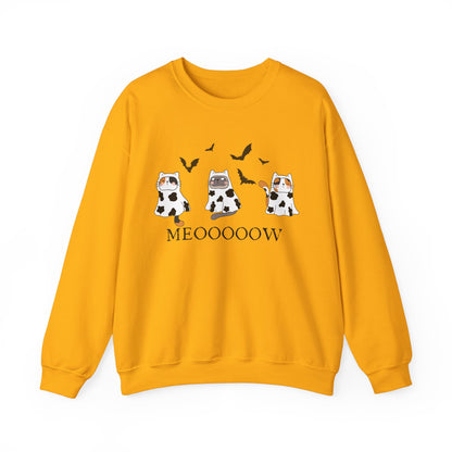 Cute Halloween Cow Ghost Cats Sweatshirt, Cats in Cow Ghost Costumes, Spooky Season Sweater, Halloween Party Shirt, Cat Lover Gift Sweatshirt Printify S Gold 