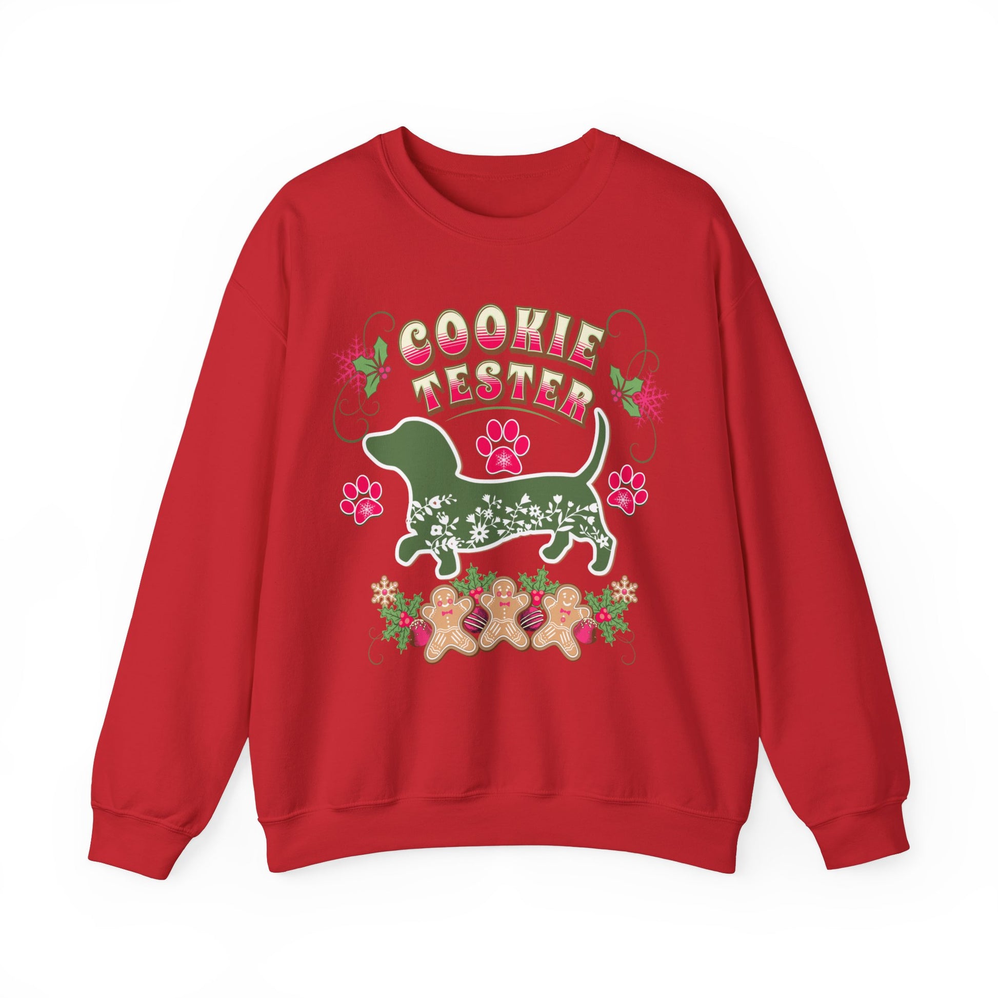 Christmas Dachshund Lover Baking Sweatshirt, Doxie Cookie Tester XMas T-Shirt, Dog Lover Shirt, Matching Family Christmas Cookie Baking Gift Sweatshirt Printify S Red 