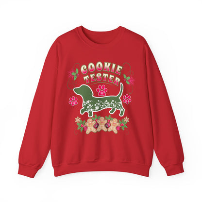 Christmas Dachshund Lover Baking Sweatshirt, Doxie Cookie Tester XMas T-Shirt, Dog Lover Shirt, Matching Family Christmas Cookie Baking Gift Sweatshirt Printify S Red 