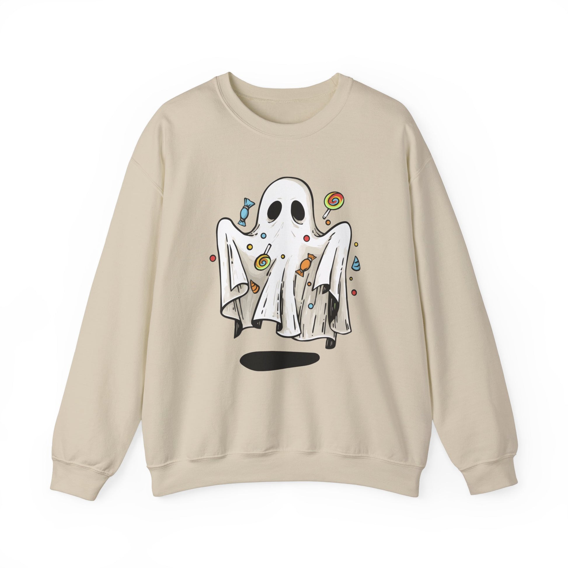 Cute Halloween Ghost Floating, Covered in Candy Sweatshirt, Trick or Treat Shirt, Spooky Ghost Season, Fun Halloween Party, Festival Sweater Sweatshirt Printify S Sand 