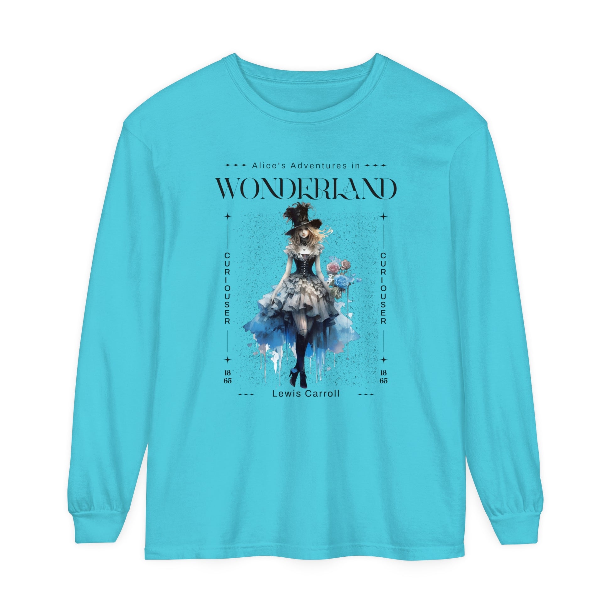 Alice In Wonderland Long Sleeve Shirt, Lewis Carroll Whimsigoth Streetwear Academia TShirt, Mad Hatter's Tea Party Tee Bookish Booktok Gift Long-sleeve Printify Lagoon Blue S 