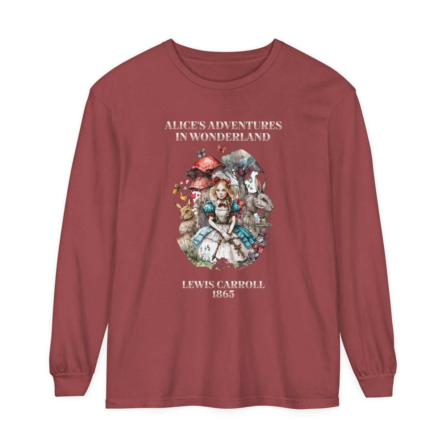 Alice in Wonderland Vintage Long Sleeve Shirt, Lewis Carroll Dark Academia TShirt, Mad Hatter Tea Party Queen of Hearts Bookish Booktok Gift Long-sleeve Printify Brick S 