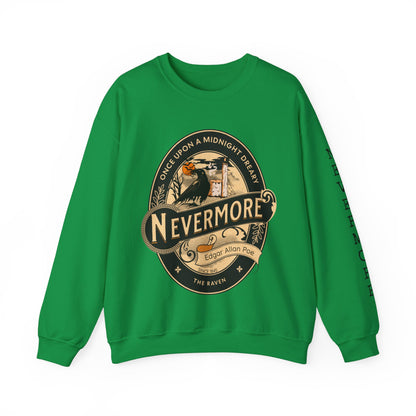 Edgar Allan Poe, Sleeve Print Nevermore The Raven Sweatshirt, Book Lover, Halloween, Haunting Gothic Gift, Light, Dark Academia, Horror Movie Sweater Sweatshirt Printify S Irish Green 