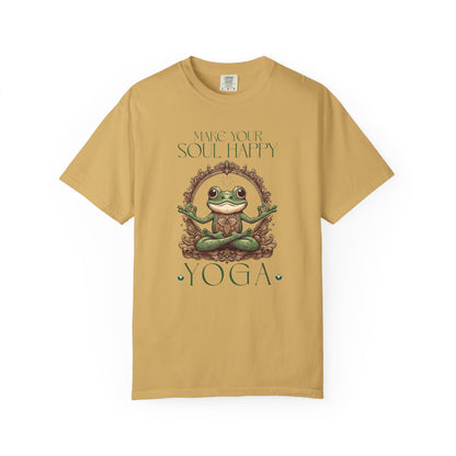 Green Yoga Frog Make Your Soul Happy Unisex T-Shirt, Casual Wear, Highlander Fan Gift, T-Shirt Printify Mustard S