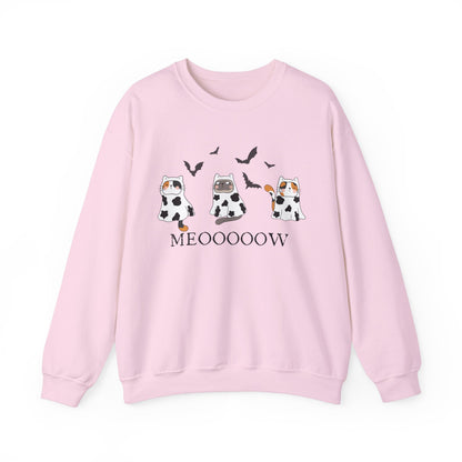 Cute Halloween Cow Ghost Cats Sweatshirt, Cats in Cow Ghost Costumes, Spooky Season Sweater, Halloween Party Shirt, Cat Lover Gift Sweatshirt Printify S Light Pink 