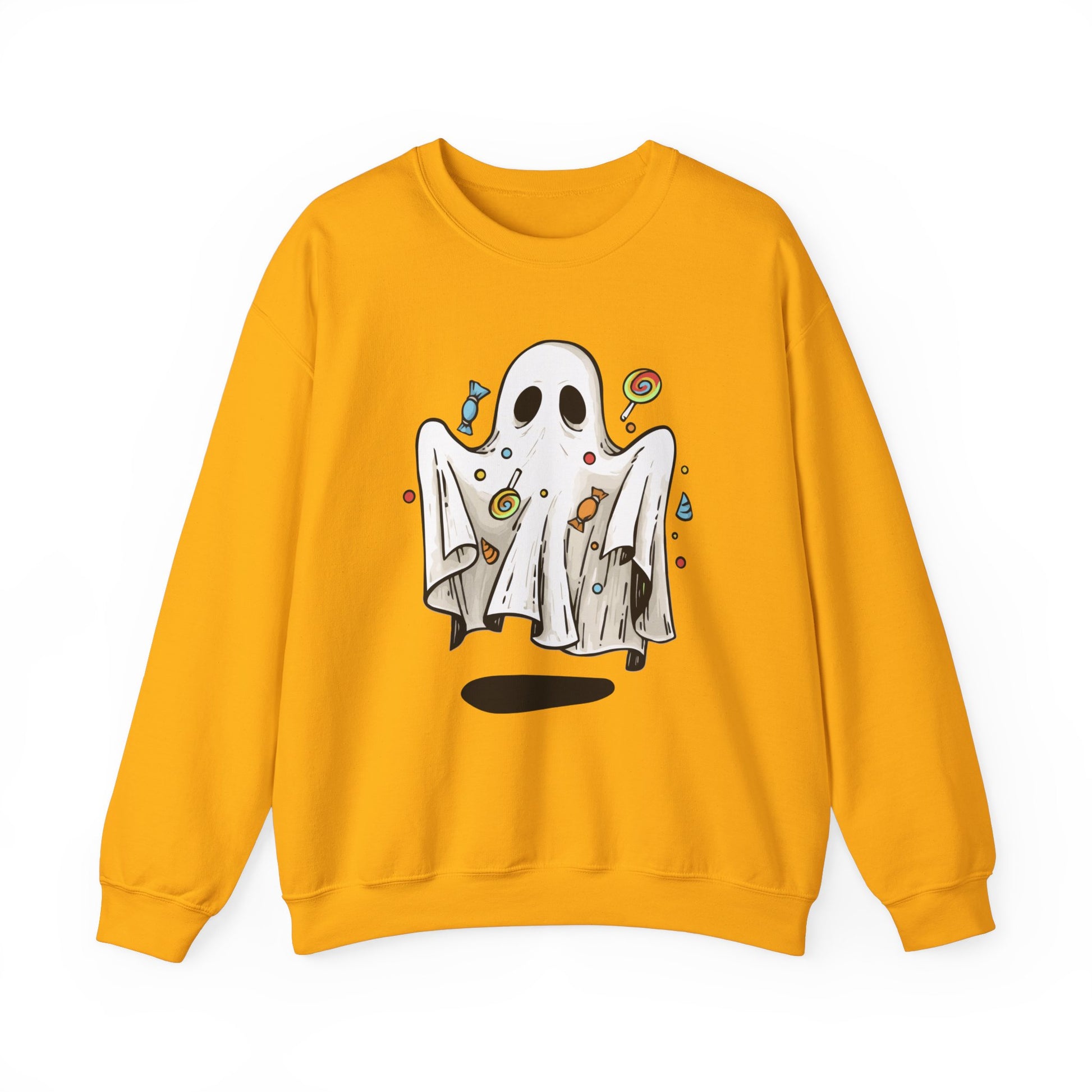 Cute Halloween Ghost Floating, Covered in Candy Sweatshirt, Trick or Treat Shirt, Spooky Ghost Season, Fun Halloween Party, Festival Sweater Sweatshirt Printify S Gold 