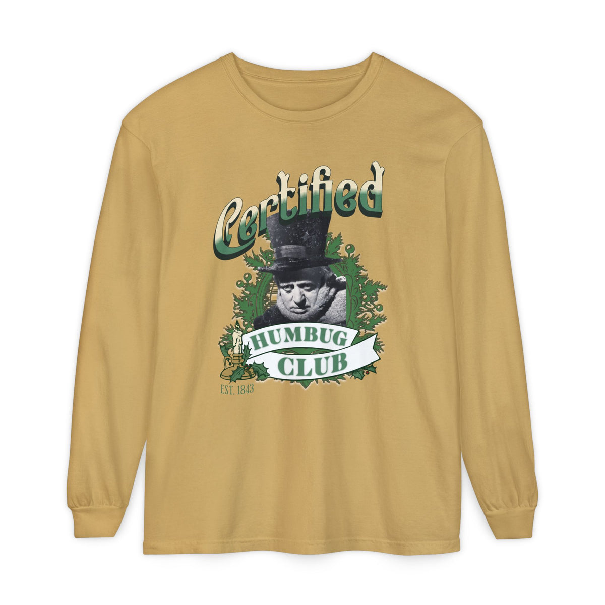 A Christmas Carol Long Sleeve T-Shirt | Vintage Humor Tee Certified Humbug Club Unisex Gift Gag Holiday Apparel Casual Outfit Long-sleeve Printify Mustard S