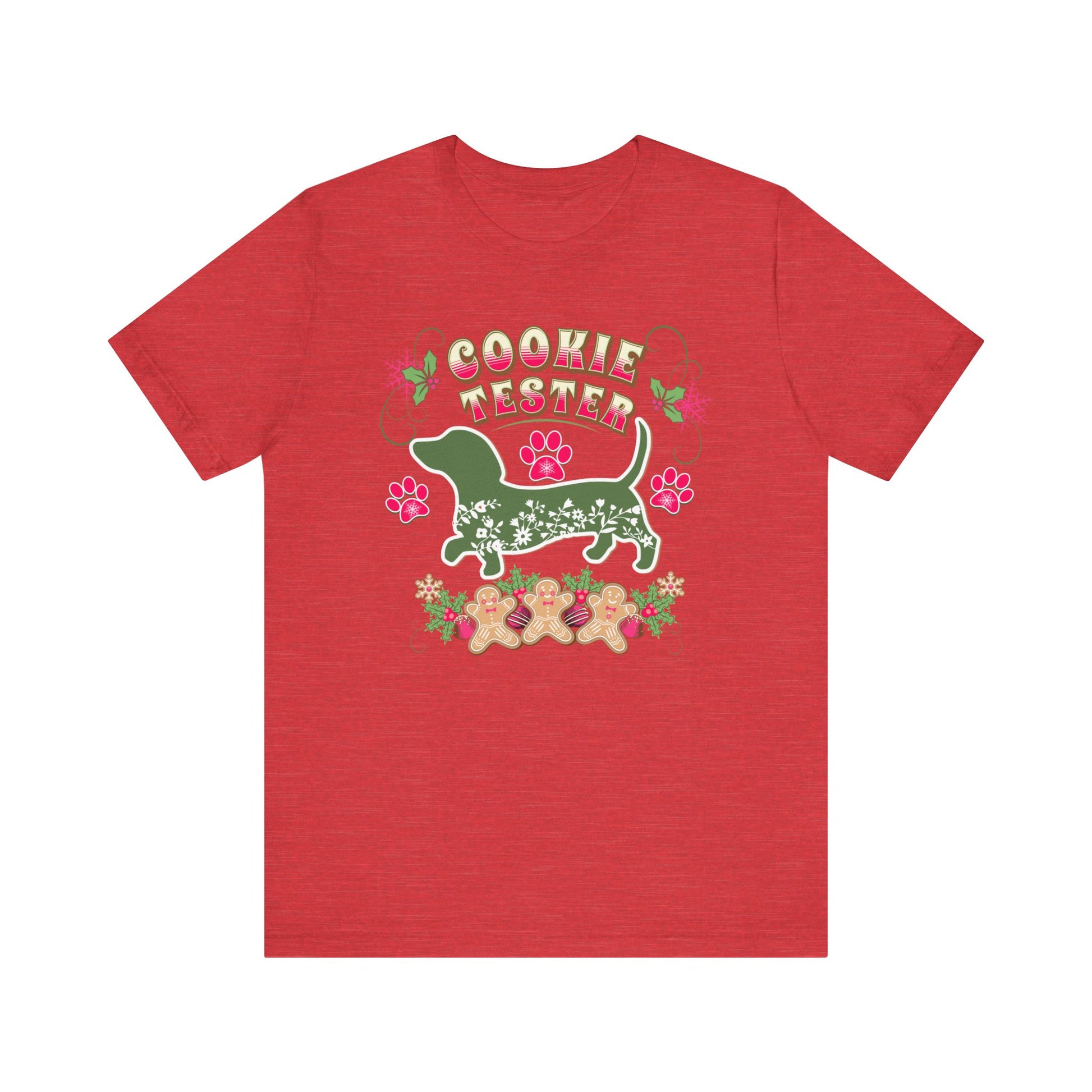 Christmas Dachshund Lover Baking TShirt,  Doxie Cookie Tester X-Mas T-Shirt, Dog Lover Shirt, Matching Family Christmas Cookie Baking Gift T-Shirt Printify Heather Red XS 